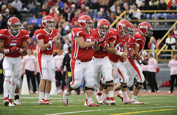 Dayton's offense, behind its offensive line pictured here, amassed a PFL record 473 rushing yards in a PFL victory against Valparaiso, Saturday.